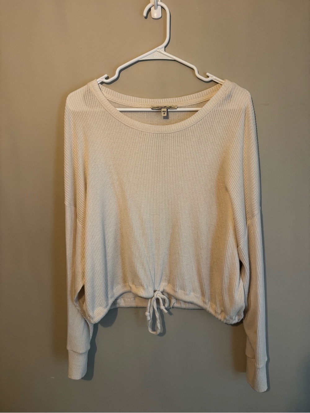 Express Cropped Waffle Knit Drawstring Long-Sleeve Top - Cream